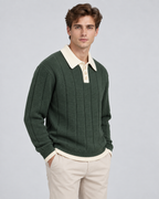 Men's Contrast Collar Polo Sweater - Ribbed Knit Regular Fit