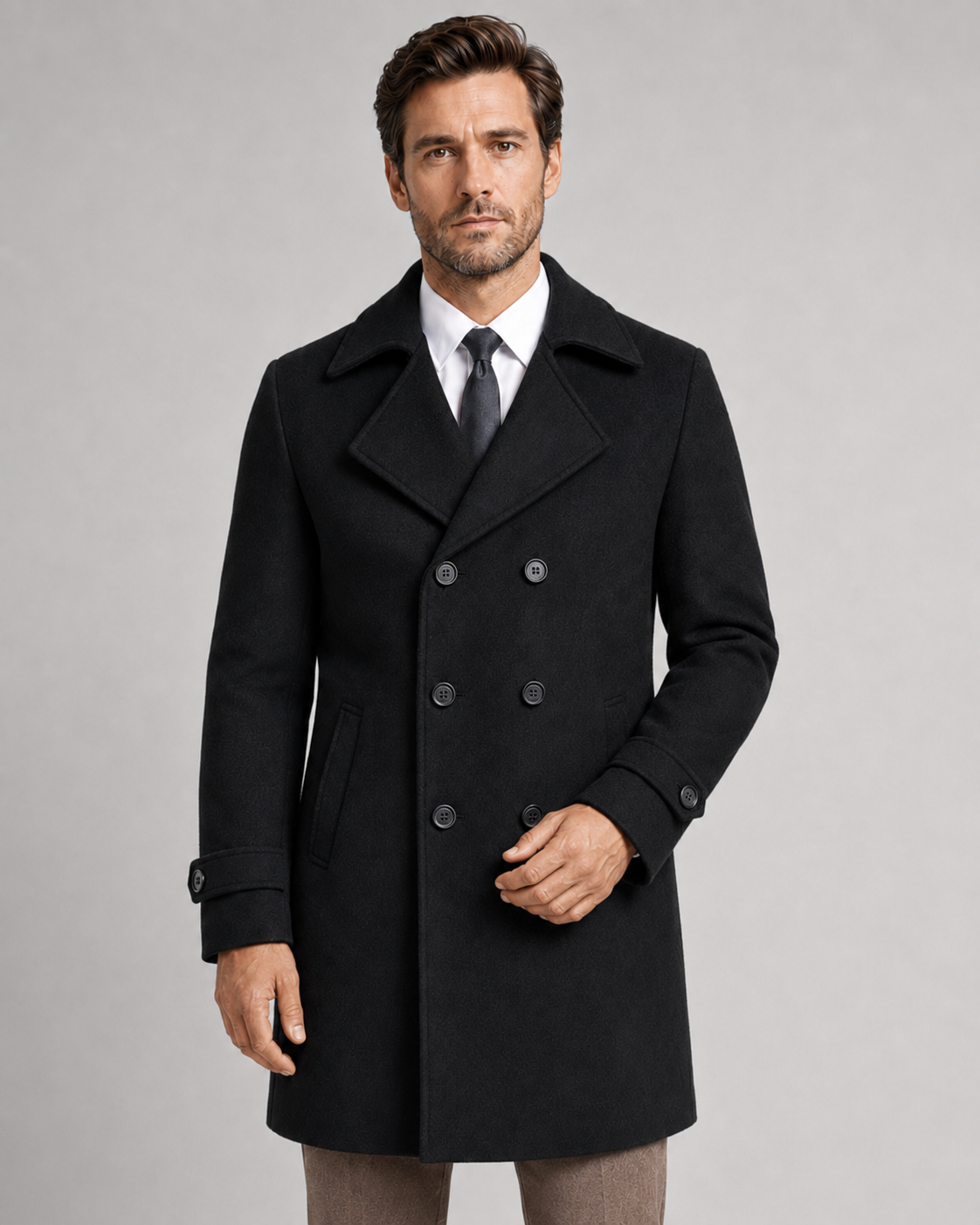Men's Double-Breasted Wool Overcoat - Wide Lapel