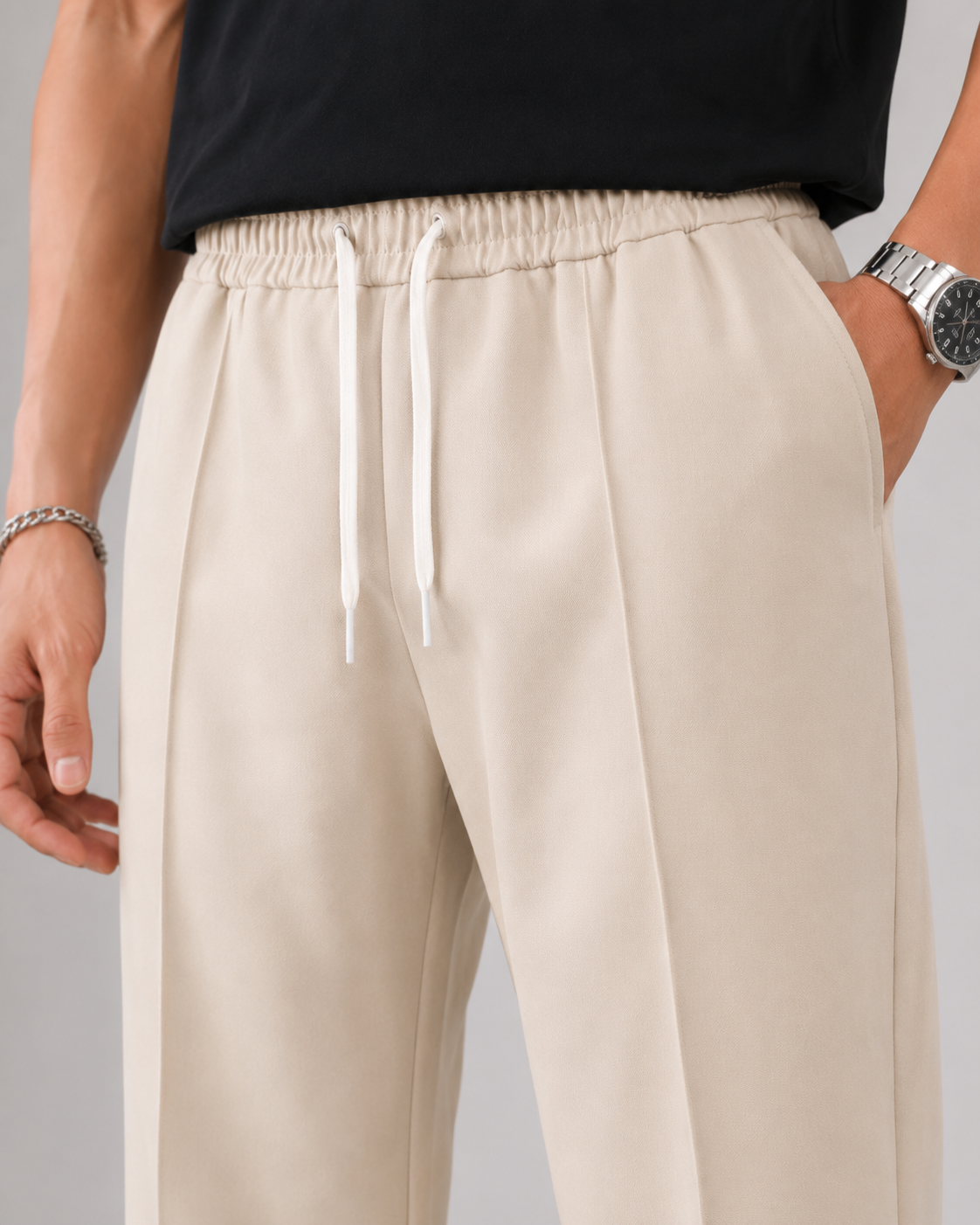 Men's Elasticated Waist Drawstring Pants Straight Relaxed Leg