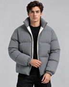 Men's Fleece-Lined Puffer Jacket - Funnel Neck Zip-Up