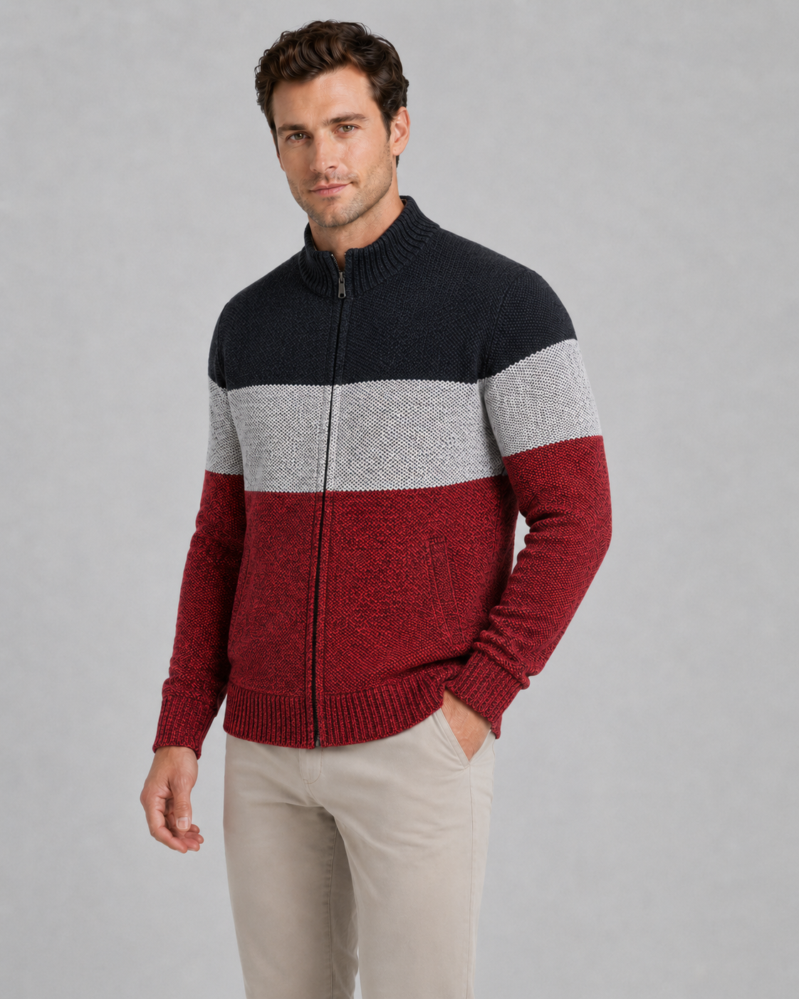 Men's Full-Zip Cardigan - Color Block Stand Collar