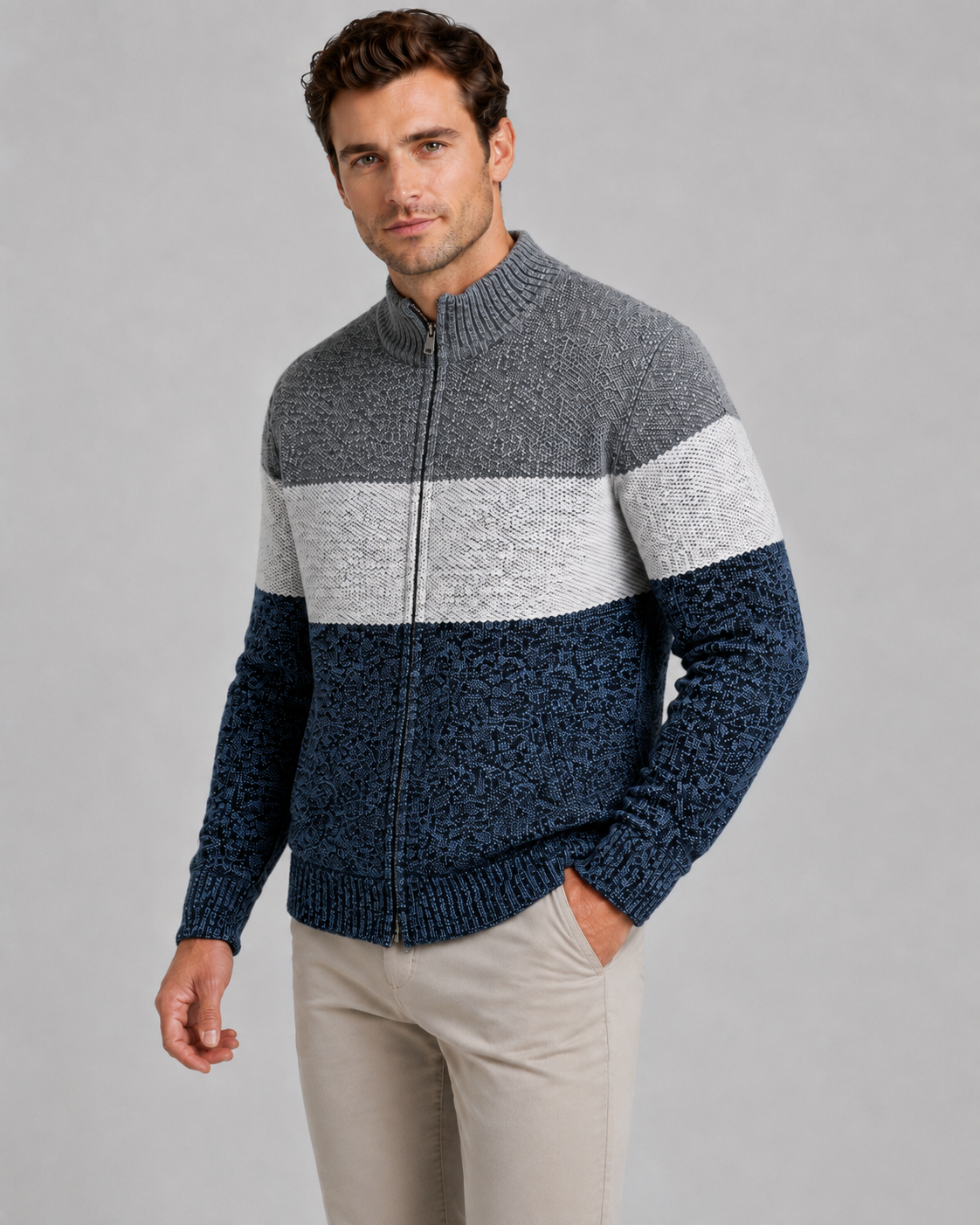Men's Full-Zip Cardigan - Color Block Stand Collar