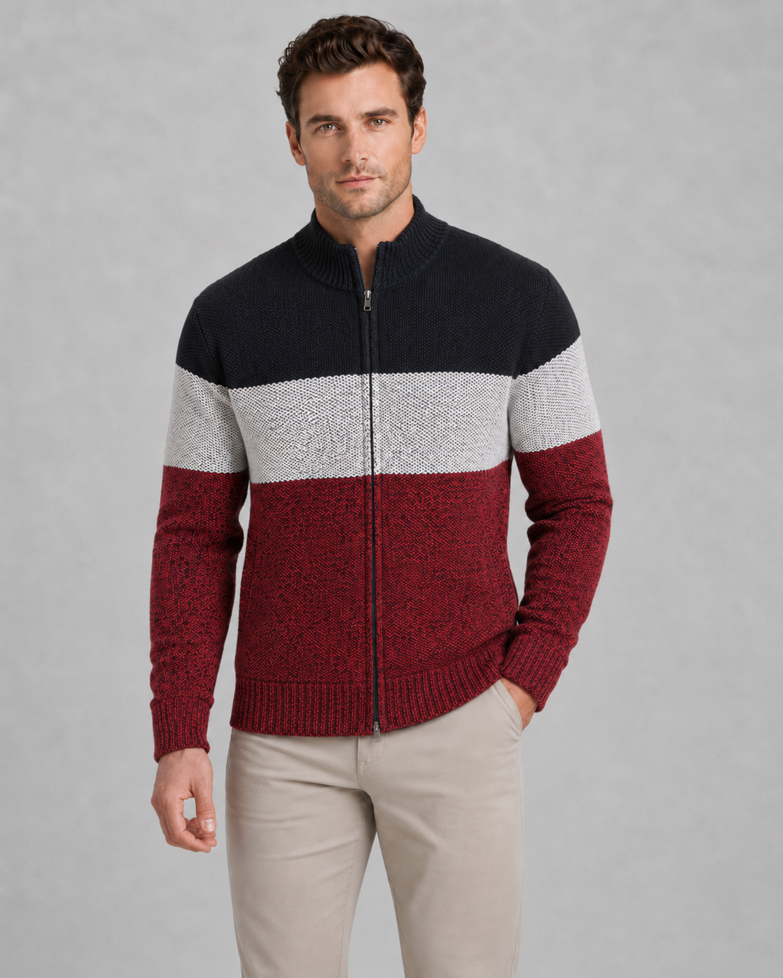 Men's Full-Zip Cardigan - Color Block Stand Collar