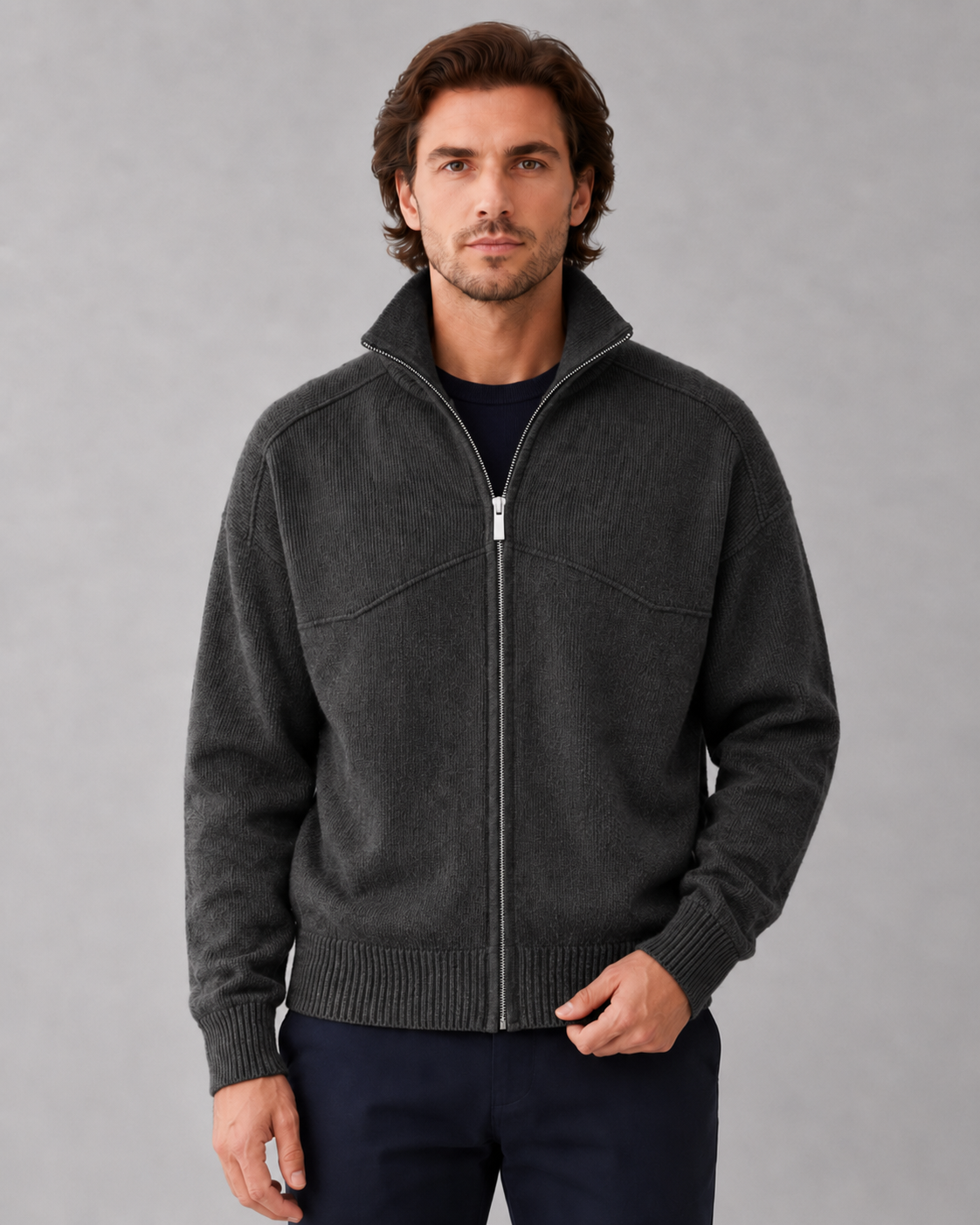 Men's Full-Zip Knit Cardigan with Contrast Collar