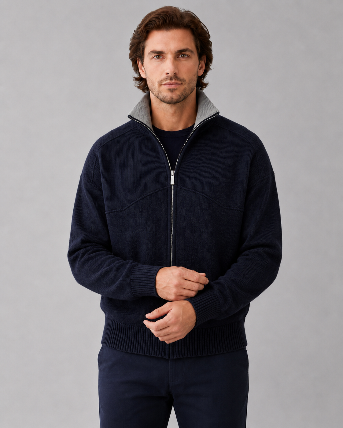 Men's Full-Zip Knit Cardigan with Contrast Collar