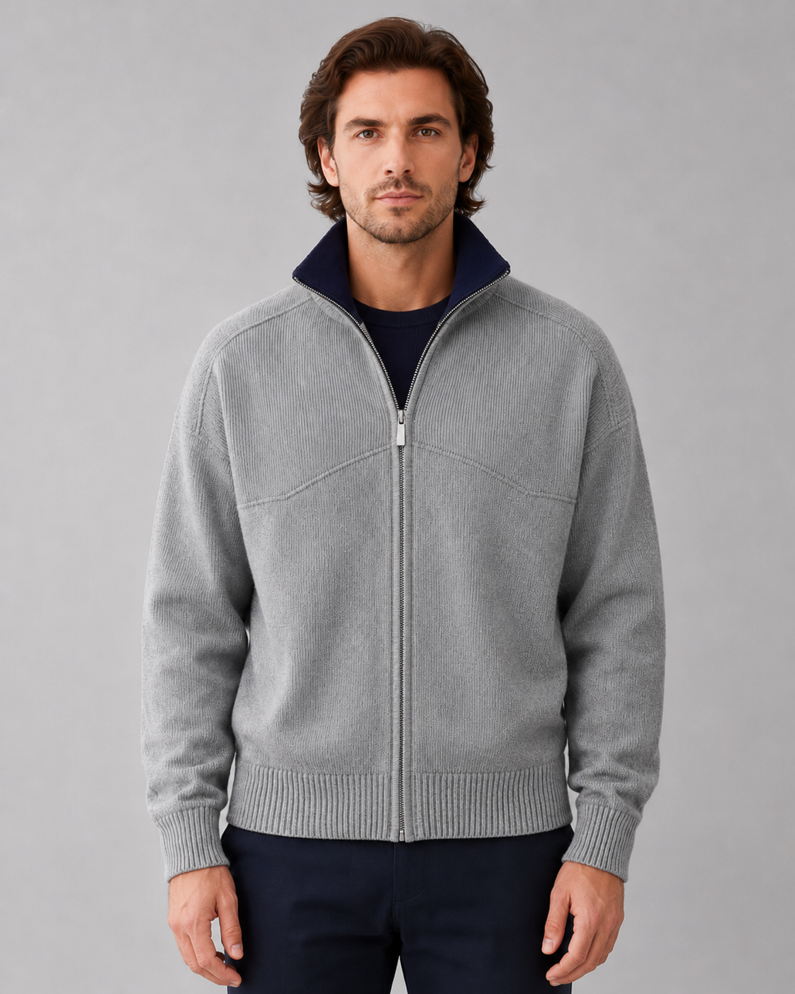 Men's Full-Zip Knit Cardigan with Contrast Collar