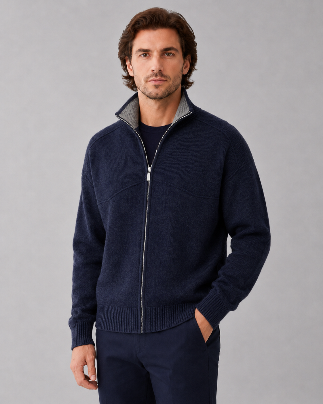 Men's Full-Zip Knit Cardigan with Contrast Collar