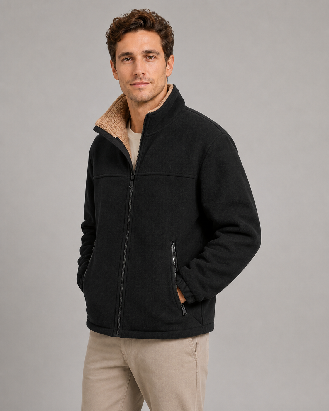 Men's Full-Zip Sherpa Fleece Jacket - Stand Collar