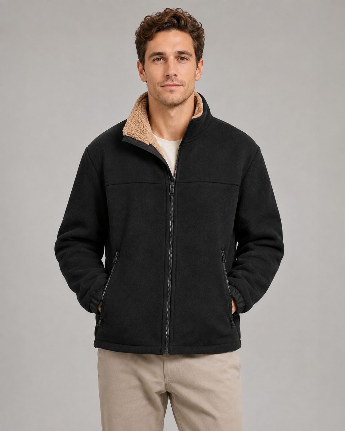 Men's Full-Zip Sherpa Fleece Jacket - Stand Collar