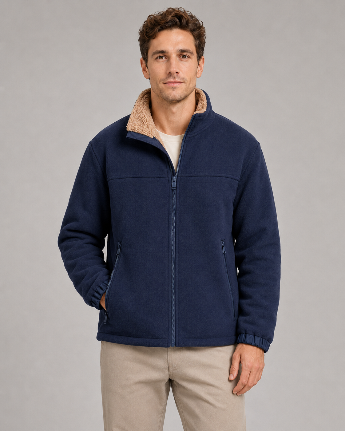 Men's Full-Zip Sherpa Fleece Jacket - Stand Collar