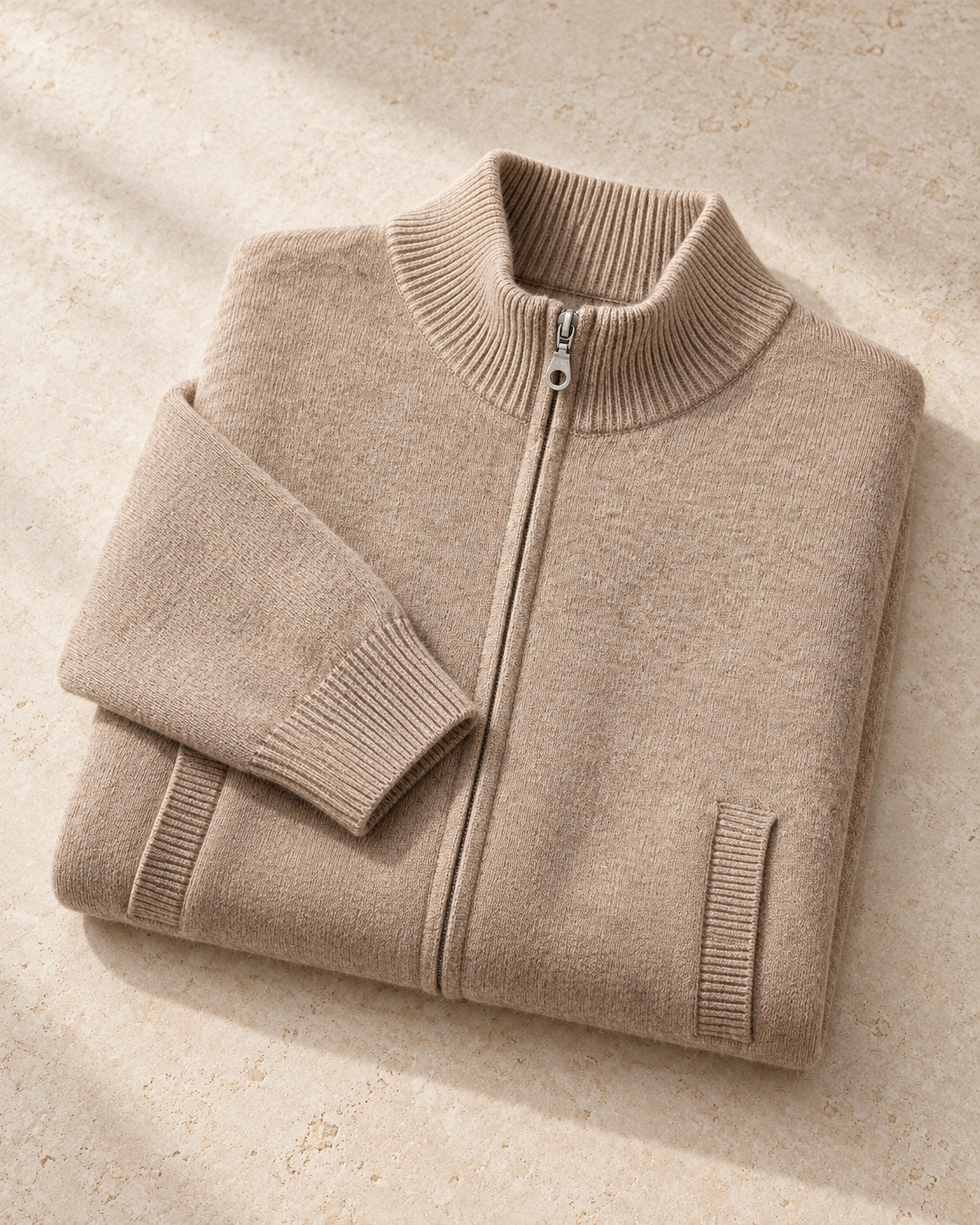 Men's Full-Zip Wool Cardigan - Funnel Neck with Pockets