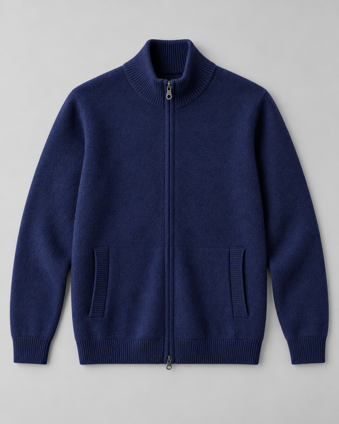 Men's Full-Zip Wool Cardigan - Funnel Neck with Pockets