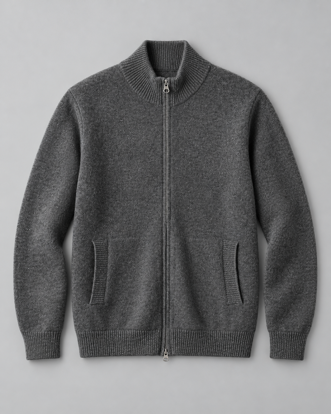Men's Full-Zip Wool Cardigan - Funnel Neck with Pockets