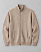 Men's Full-Zip Wool Cardigan - Funnel Neck with Pockets