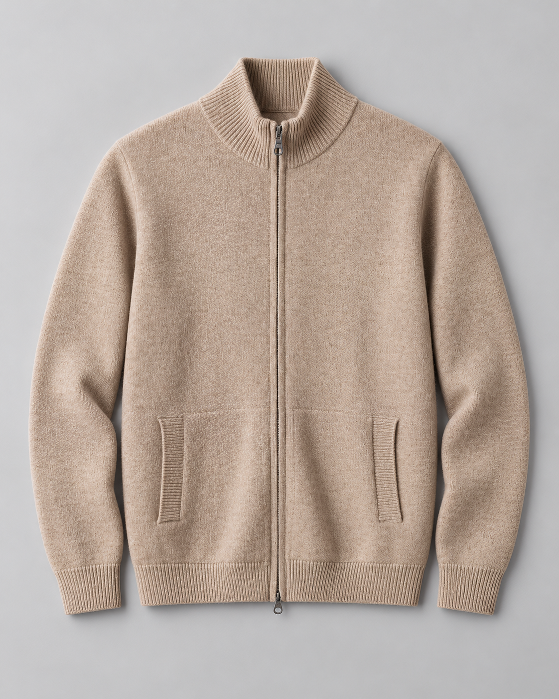 Men's Full-Zip Wool Cardigan - Funnel Neck with Pockets