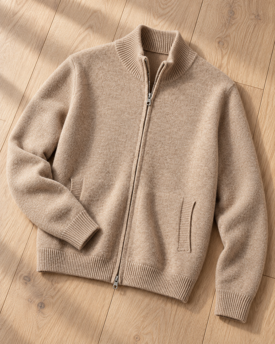 Men's Full-Zip Wool Cardigan - Funnel Neck with Pockets