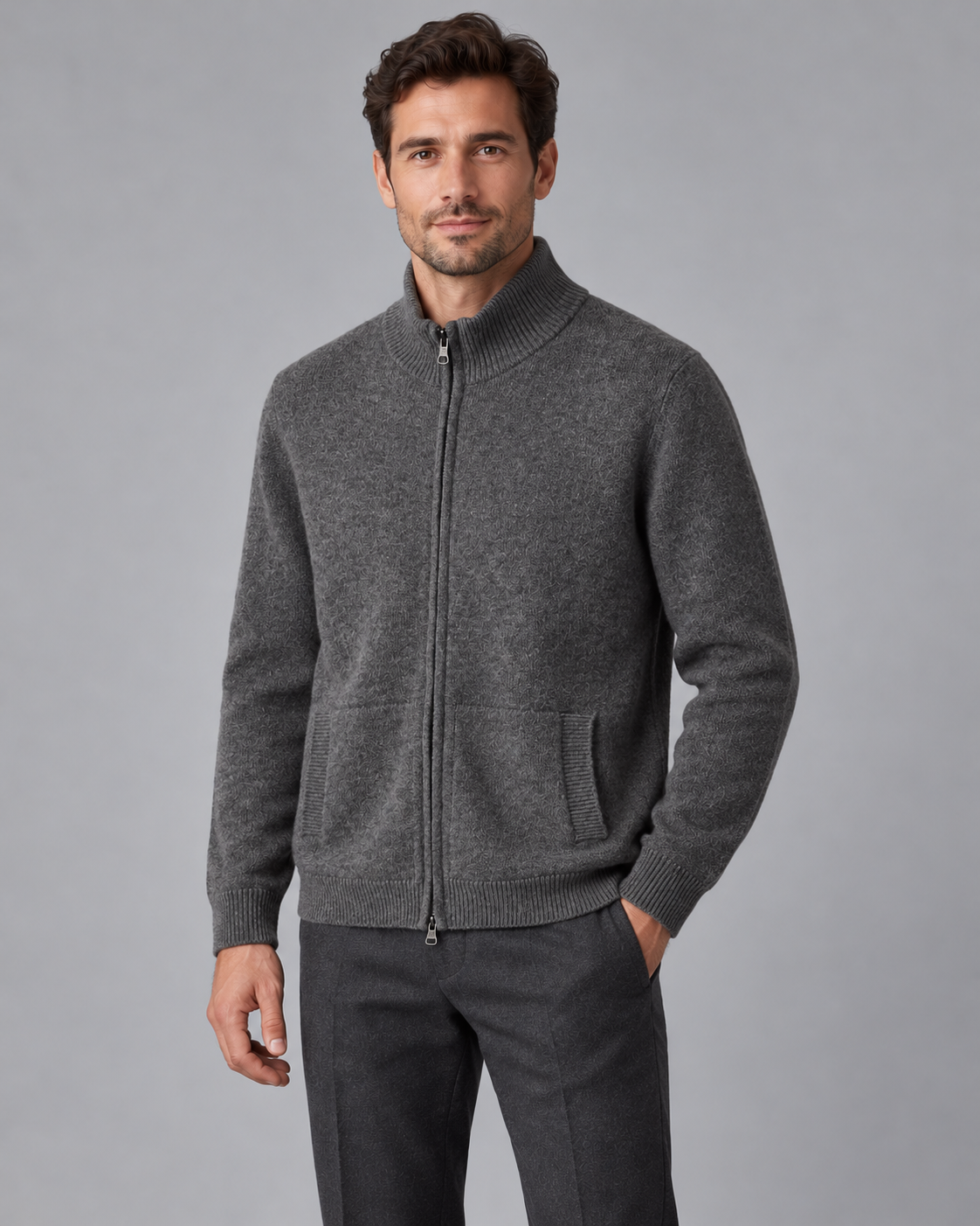 Men's Full-Zip Wool Cardigan - Funnel Neck with Pockets