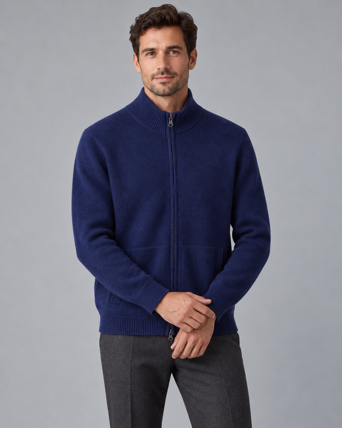 Men's Full-Zip Wool Cardigan - Funnel Neck with Pockets