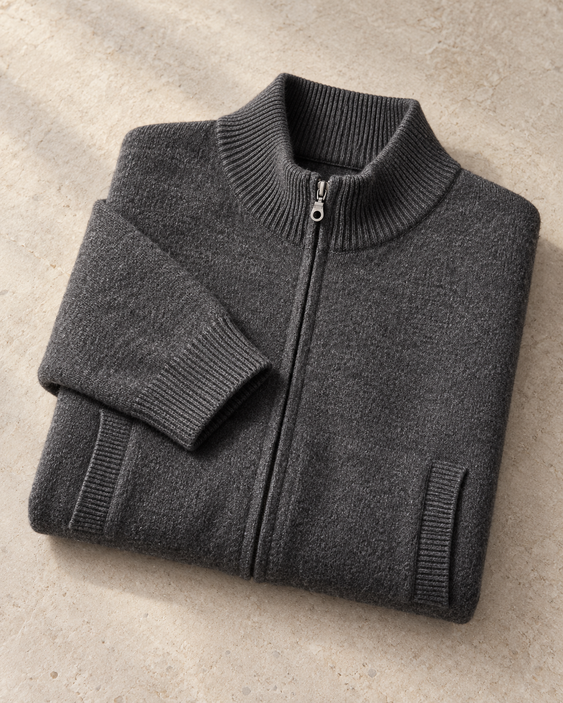 Men's Full-Zip Wool Cardigan - Funnel Neck with Pockets