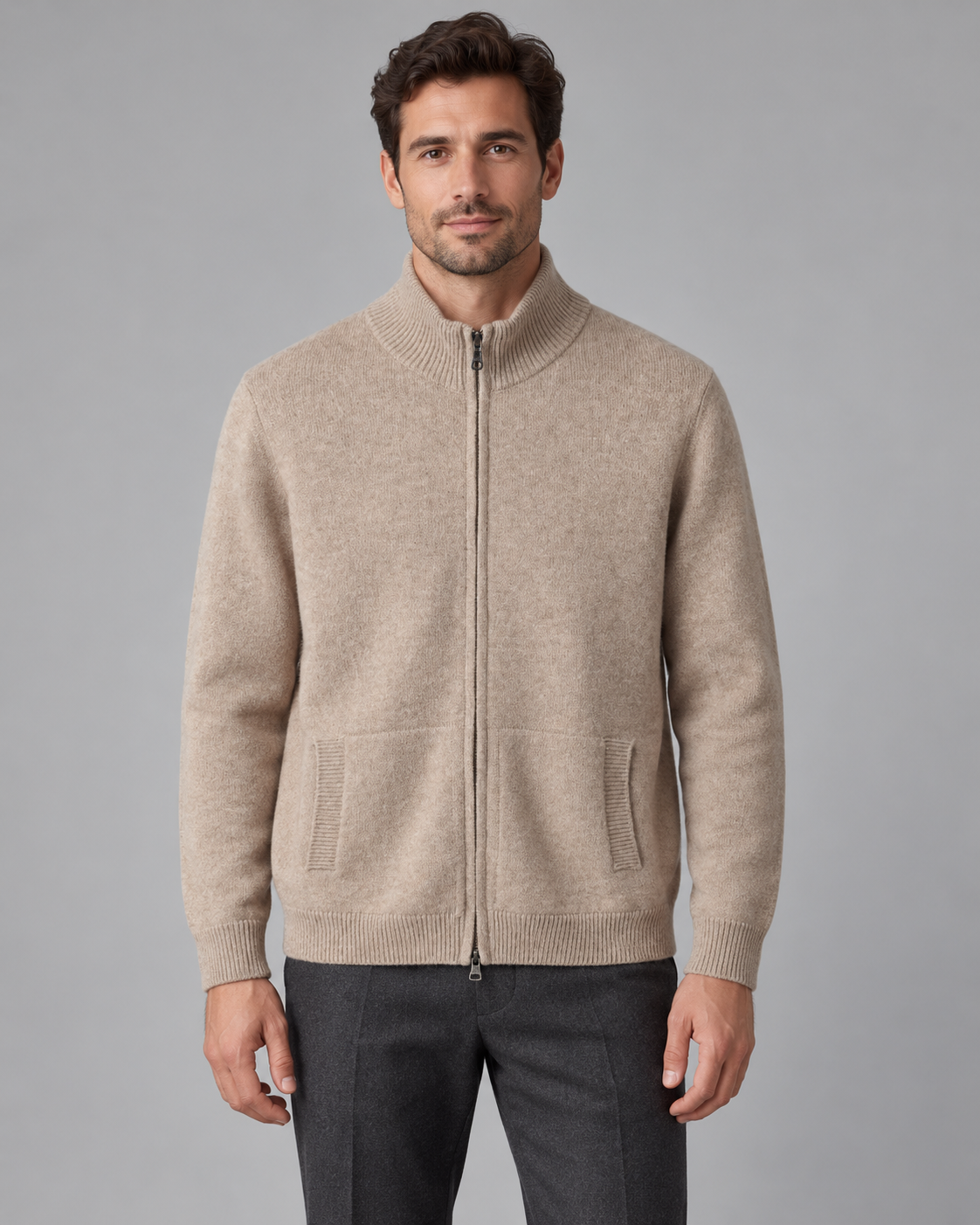 Men's Full-Zip Wool Cardigan - Funnel Neck with Pockets