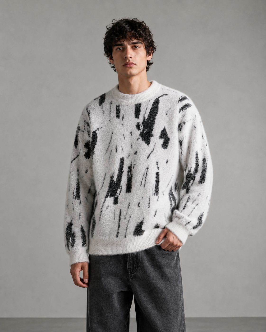 Men's Fuzzy Knit Sweater - Abstract Print Relaxed Fit