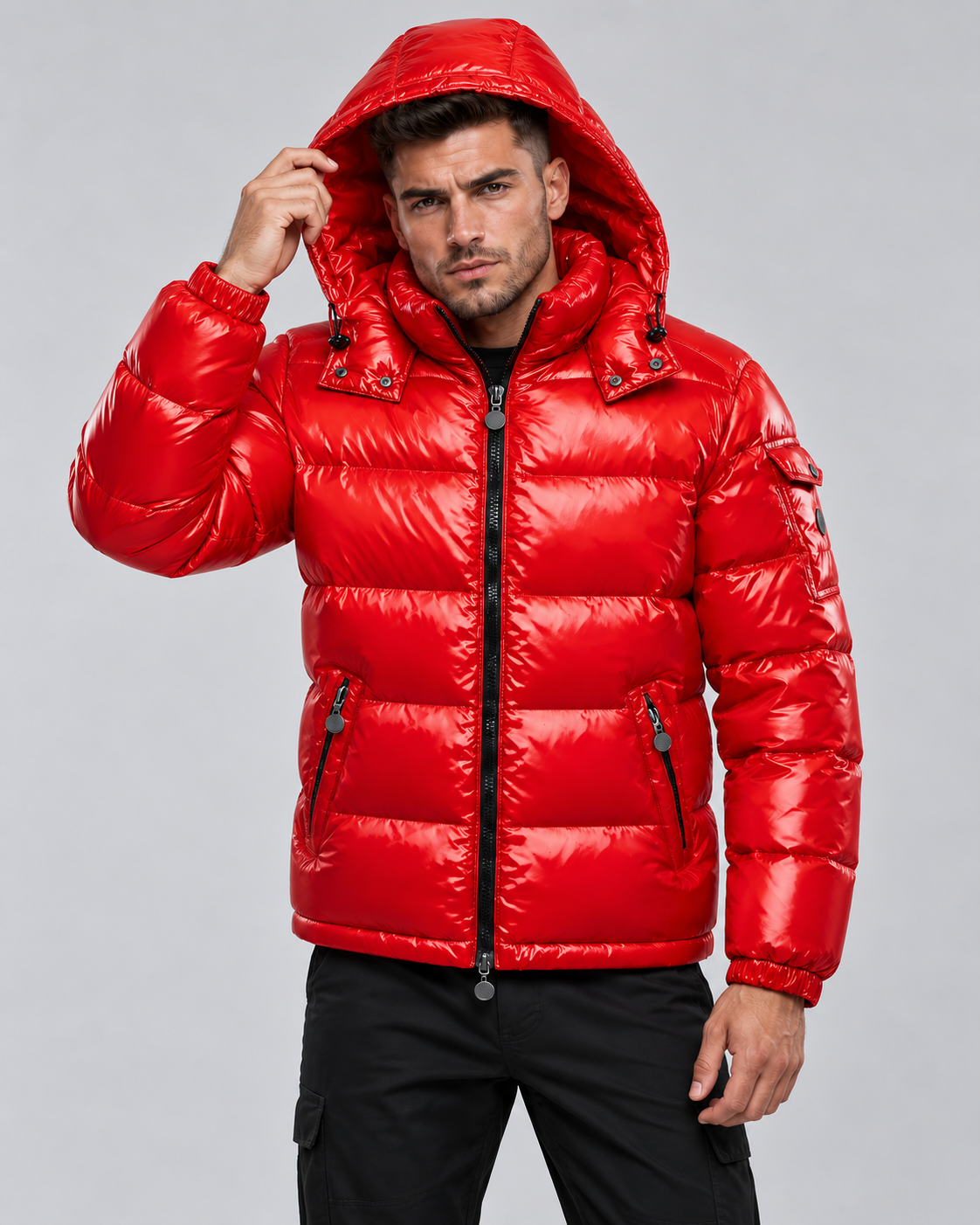 Men's Glossy Quilted Puffer Jacket - Hooded Zip-Up