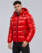 Men's Glossy Quilted Puffer Jacket - Hooded Zip-Up