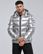 Men's Glossy Quilted Puffer Jacket - Hooded Zip-Up
