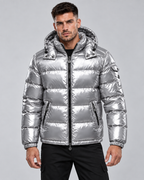 Men's Glossy Quilted Puffer Jacket - Hooded Zip-Up