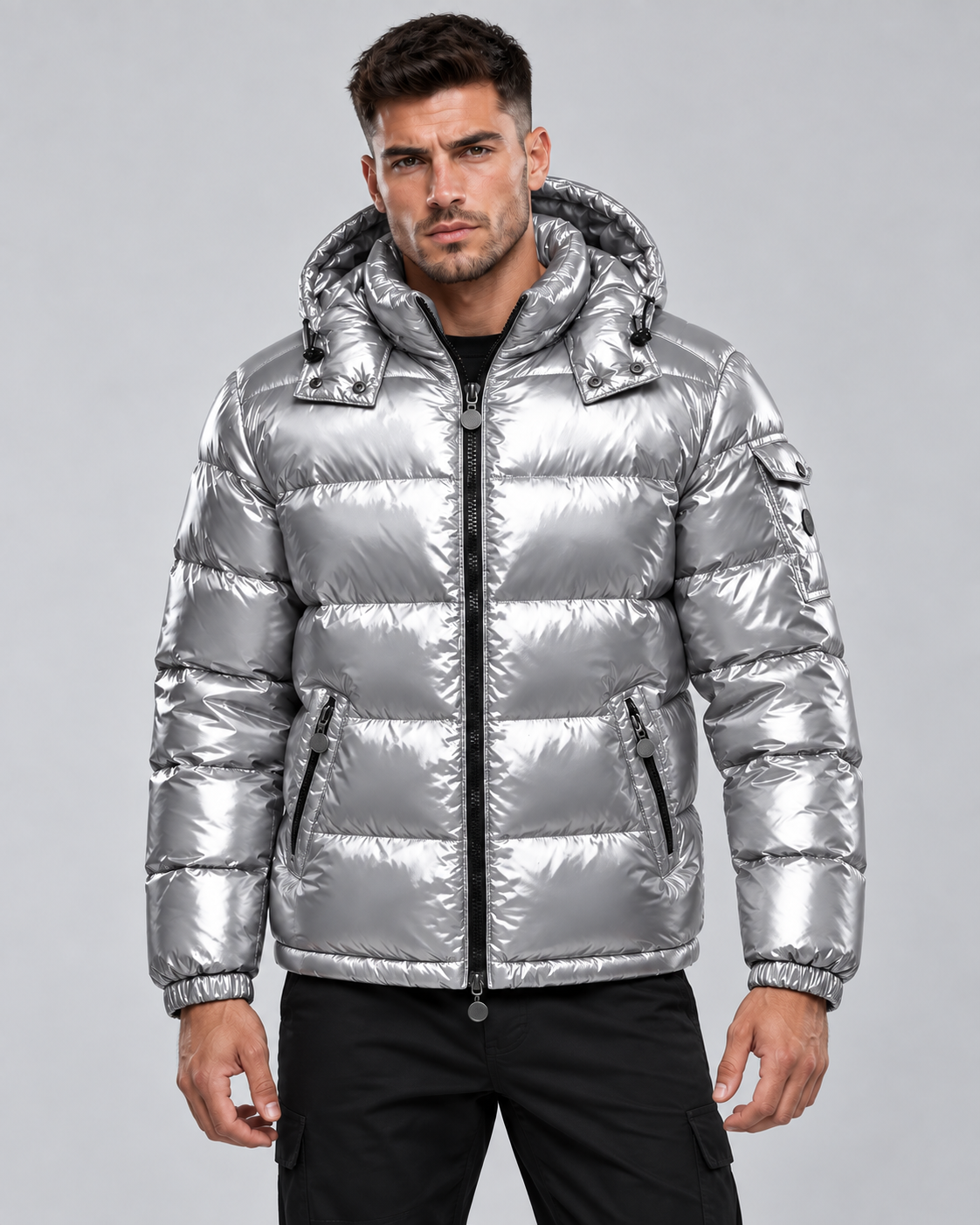 Men's Glossy Quilted Puffer Jacket - Hooded Zip-Up