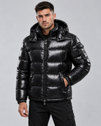 Men's Glossy Quilted Puffer Jacket - Hooded Zip-Up