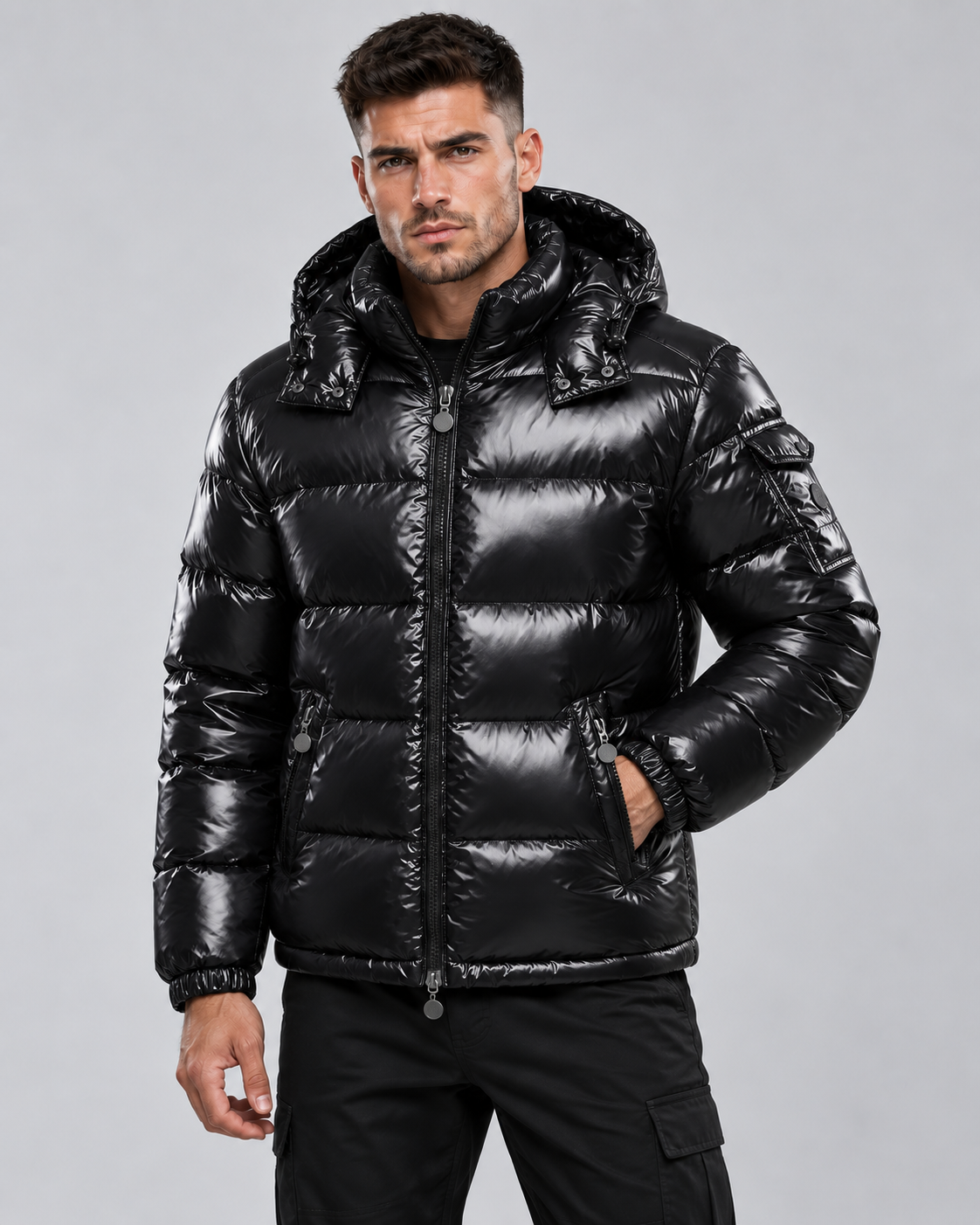 Men's Glossy Quilted Puffer Jacket - Hooded Zip-Up