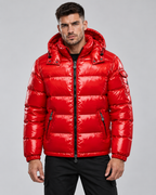 Men's Glossy Quilted Puffer Jacket - Hooded Zip-Up