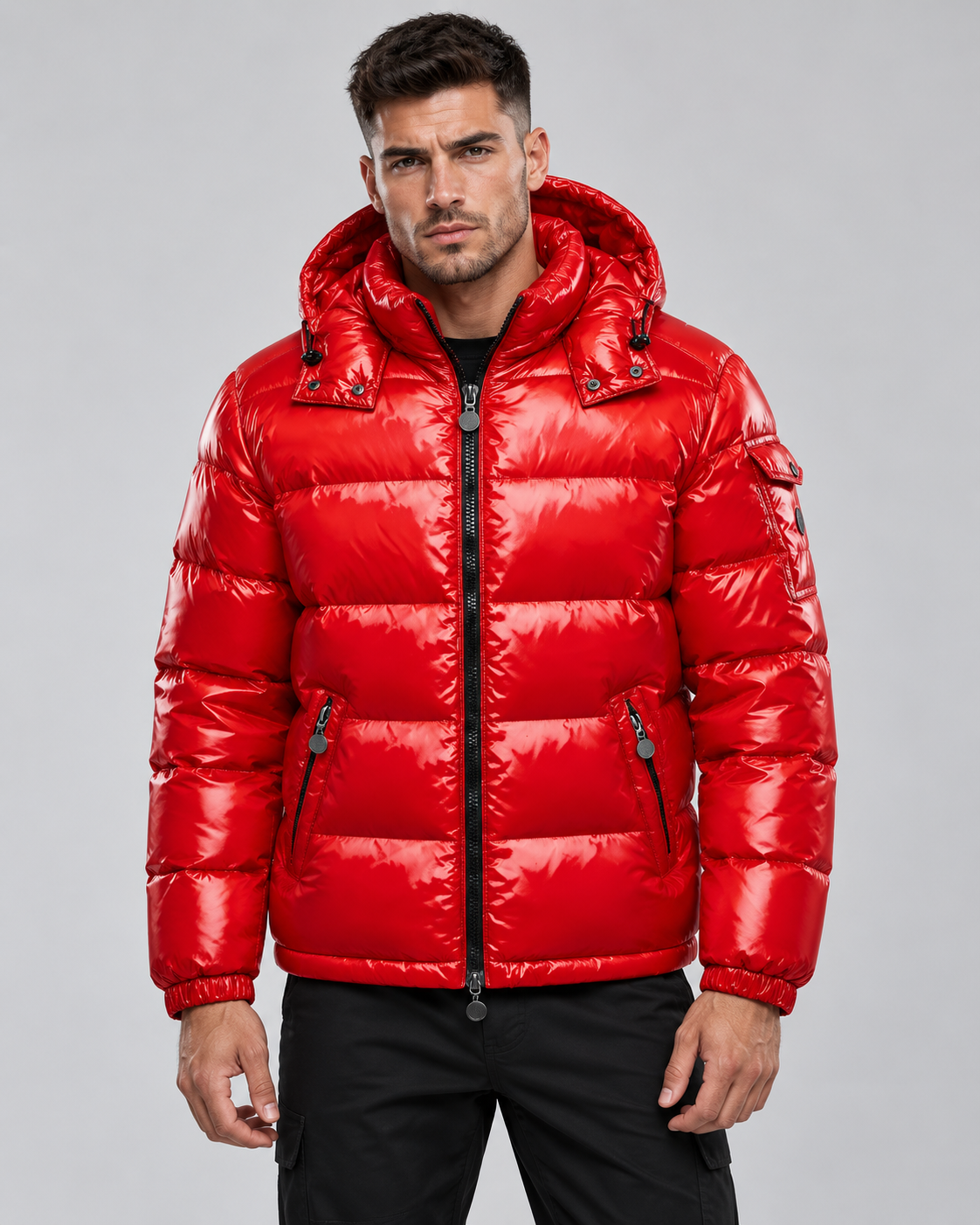 Men's Glossy Quilted Puffer Jacket - Hooded Zip-Up