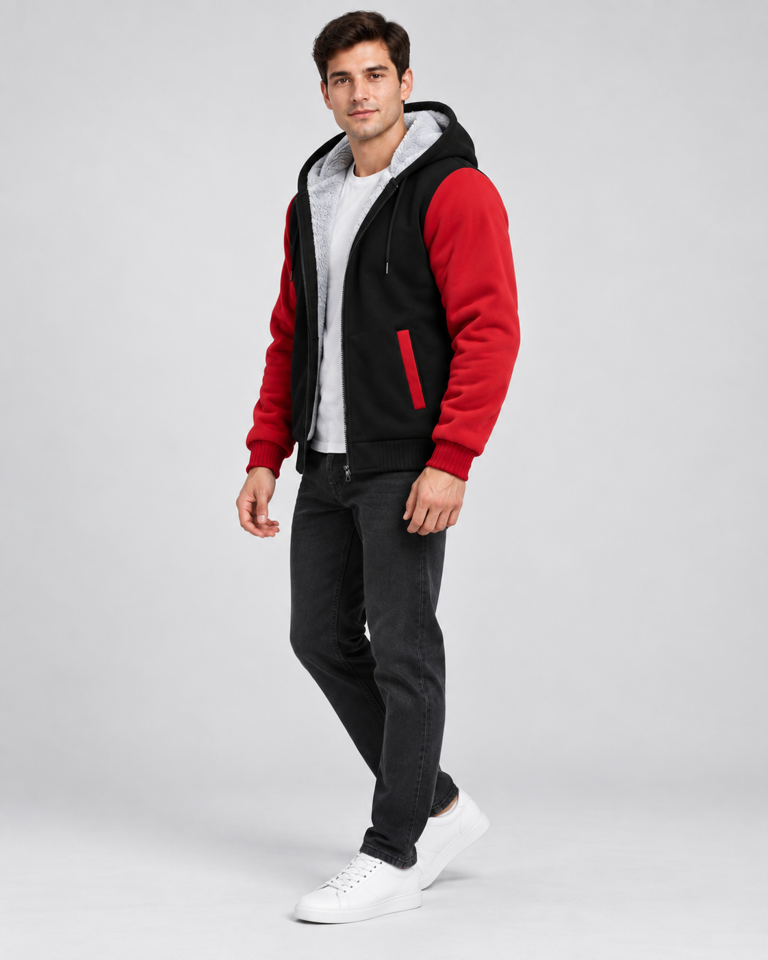 Men's Hooded Fleece Zip Jacket - Contrast Sleeve Regular Fit