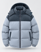 Men's Hooded Puffer Jacket - Corduroy Panel Zip-Up
