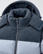 Men's Hooded Puffer Jacket - Corduroy Panel Zip-Up