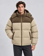 Men's Hooded Puffer Jacket - Corduroy Panel Zip-Up