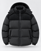 Men's Hooded Puffer Jacket - Corduroy Panel Zip-Up