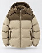 Men's Hooded Puffer Jacket - Corduroy Panel Zip-Up
