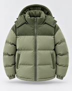 Men's Hooded Puffer Jacket - Corduroy Panel Zip-Up