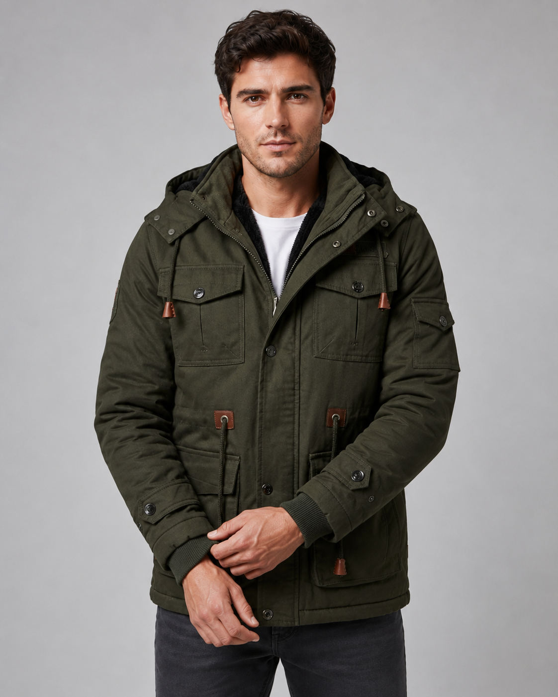 Men's Hooded Winter Parka – Multi-Pocket Regular Fit
