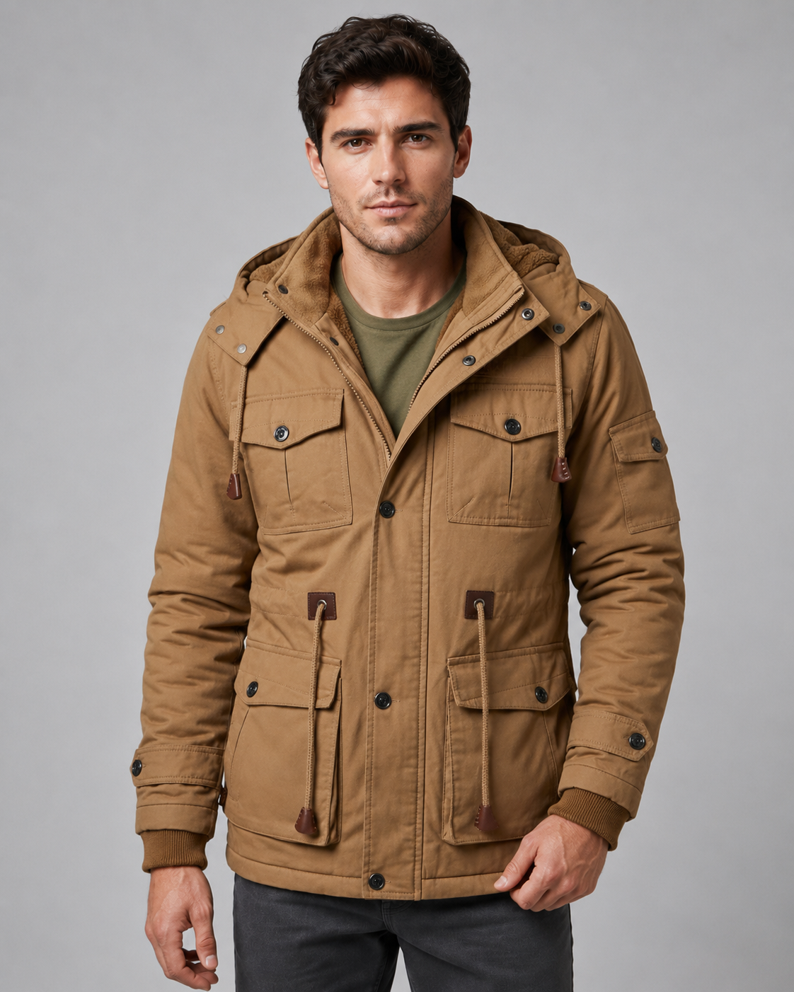 Men's Hooded Winter Parka – Multi-Pocket Regular Fit