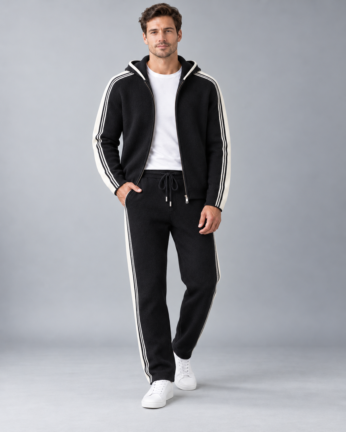Men's Knit Tracksuit - Zip Hoodie & Striped Pants