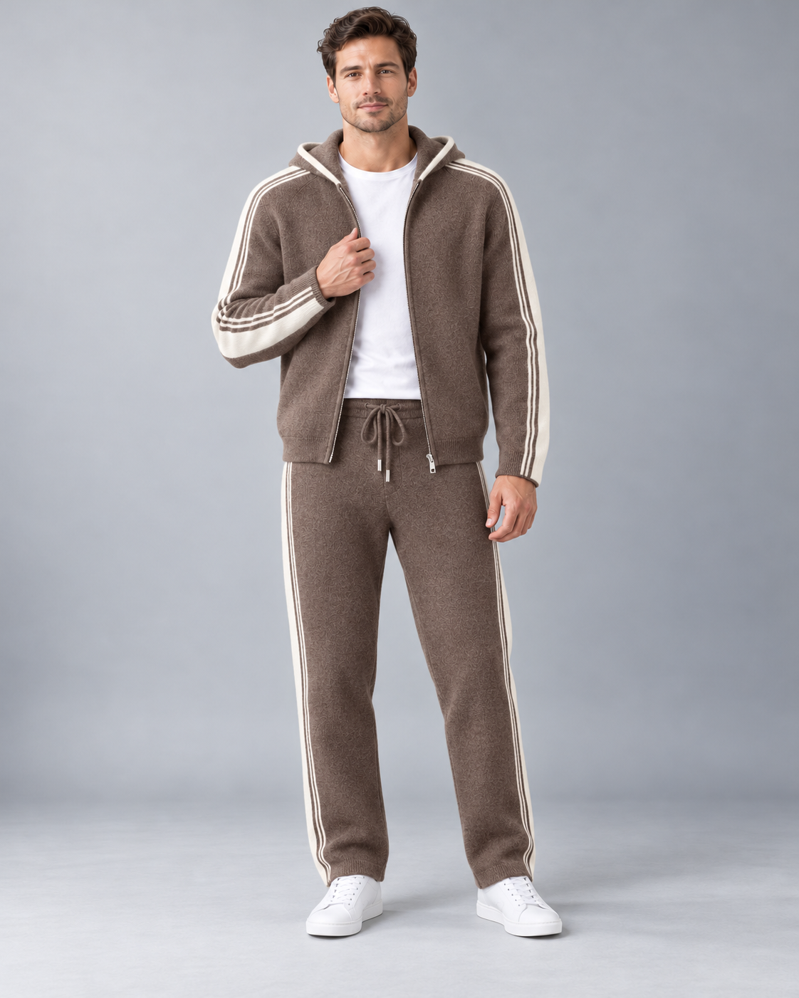 Men's Knit Tracksuit - Zip Hoodie & Striped Pants
