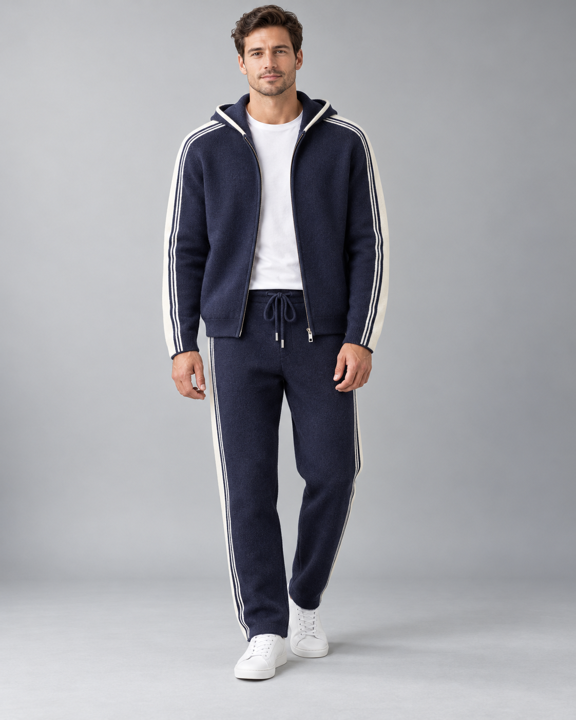 Men's Knit Tracksuit - Zip Hoodie & Striped Pants
