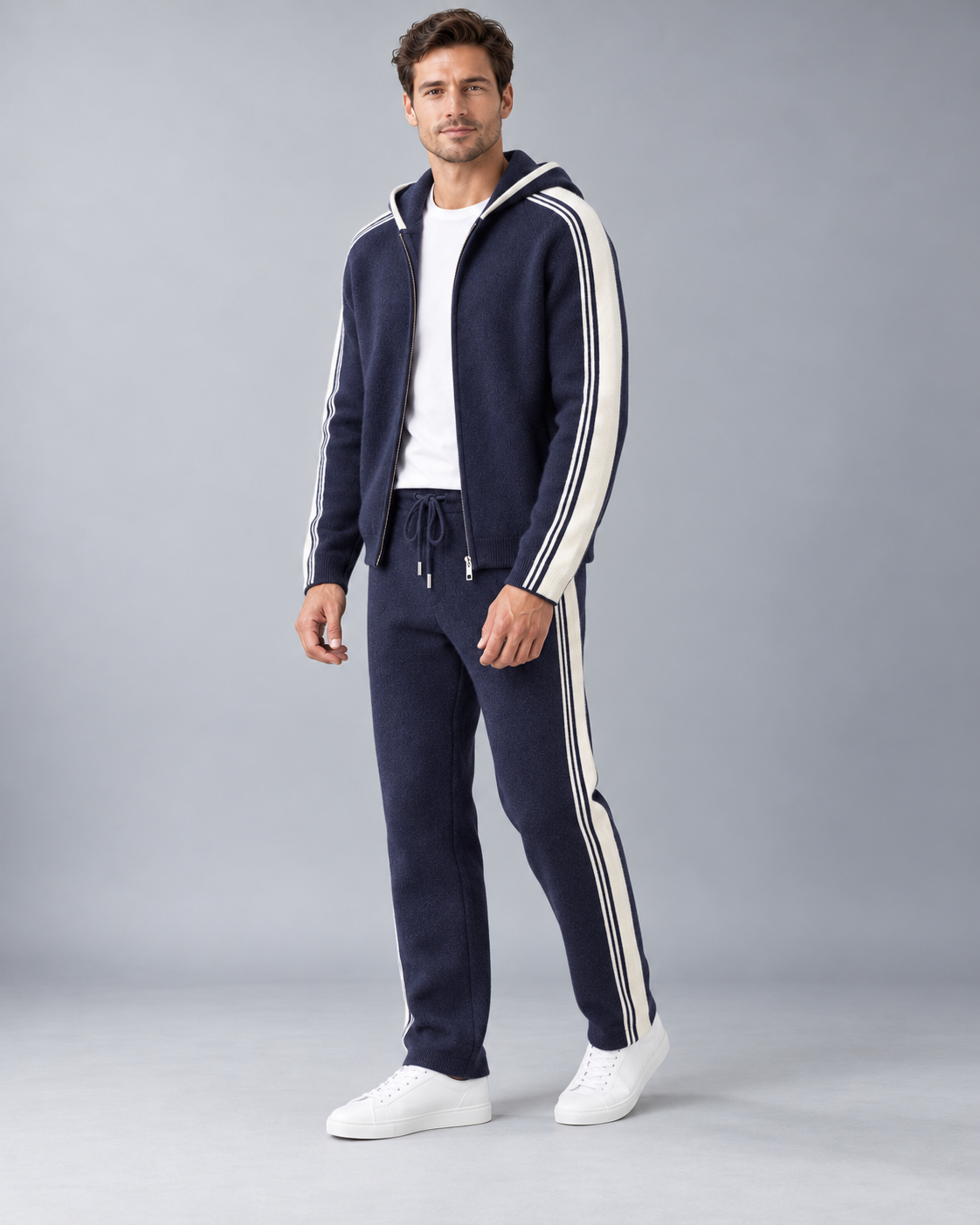 Men's Knit Tracksuit - Zip Hoodie & Striped Pants