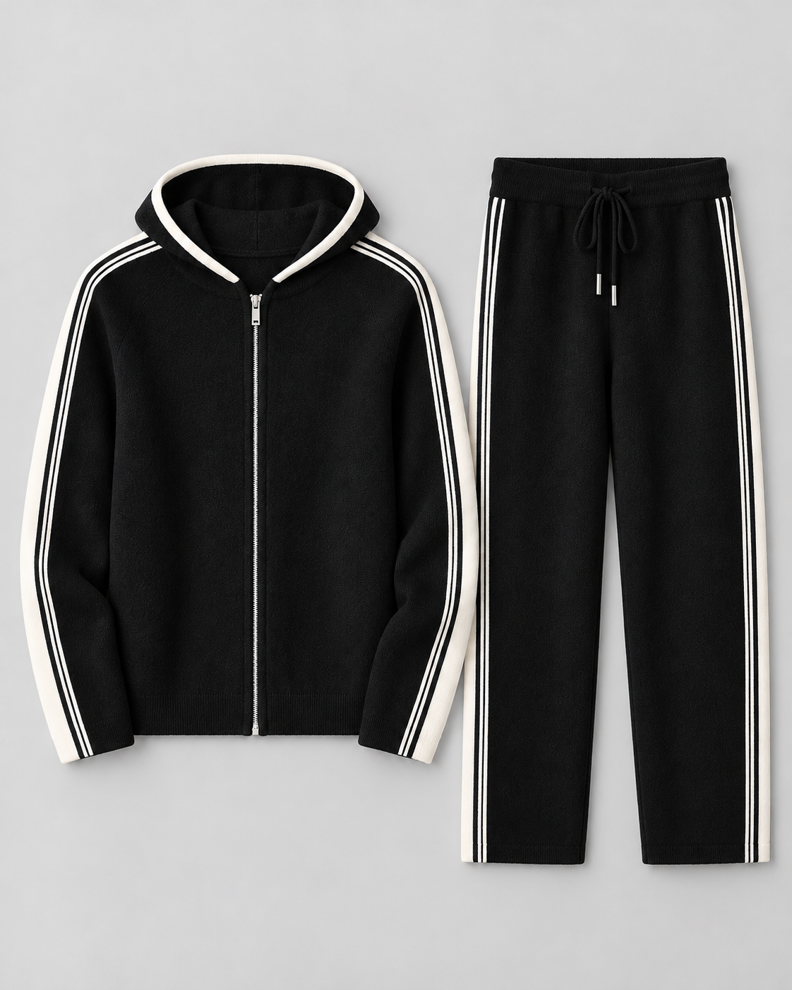 Men's Knit Tracksuit - Zip Hoodie & Striped Pants
