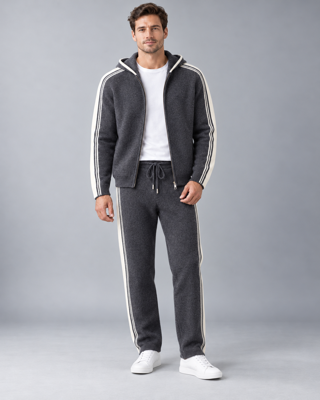 Men's Knit Tracksuit - Zip Hoodie & Striped Pants