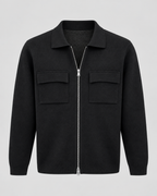 Men's Knit Zip Jacket - Shirt Collar Chest Pockets
